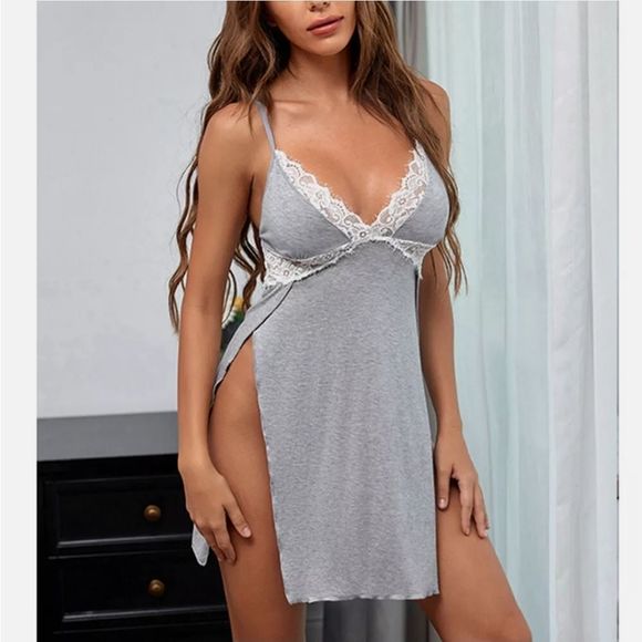 Women Sexy Lace Chemise Nightgown Sleepwear V Neck Babydoll Pajamas Set